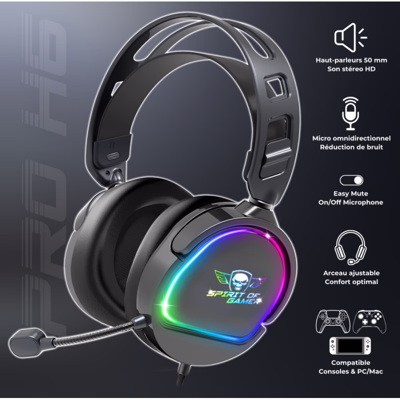 Casque Micro Gaming Spirit of Gamer PRO-H6 DARK RGB Noir